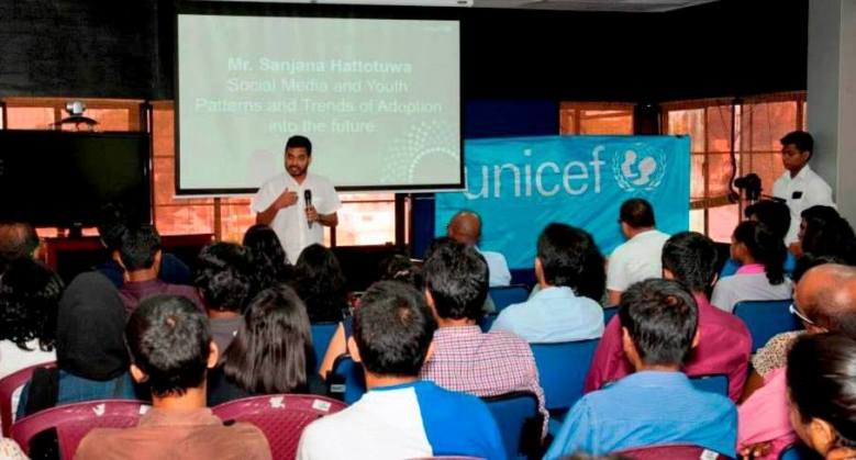 Sanjana Hattotuwa speaking on Social Media & Youth Patterns and trends of adoption into the future’ - photo courtesy Unicef Sri Lanka Facebook page