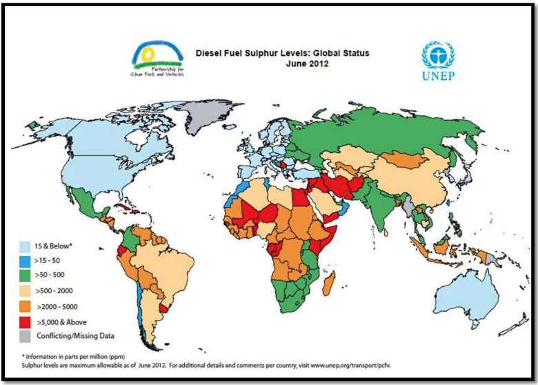 Diesel fuel sulphur status - June 2012, Map by UNEP