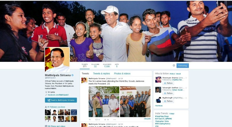 President Sirisena's verified Twitter account - screen shot taken on 26 July 2015 at 13.45 Sri Lanka time